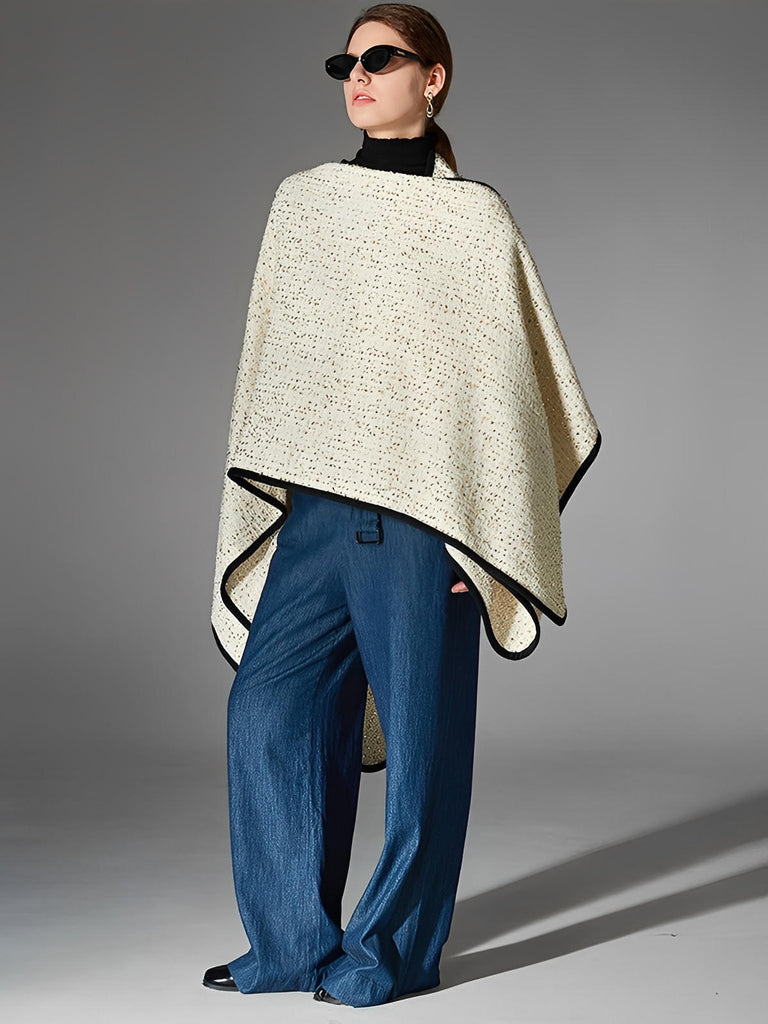 Châle laine doré, cape chaude femme, poncho chic hiver, grand châle rectangulaire, châle beige bordure noire, couverture d'épaule chaude, modèle Busha
