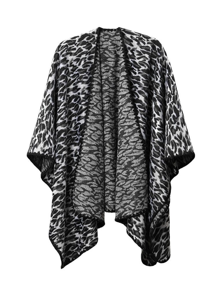 Châle léopard, châle femme hiver, poncho chaud, cape à motif animal, châle doux et enveloppant, modèle Gastine - Châle - Gris