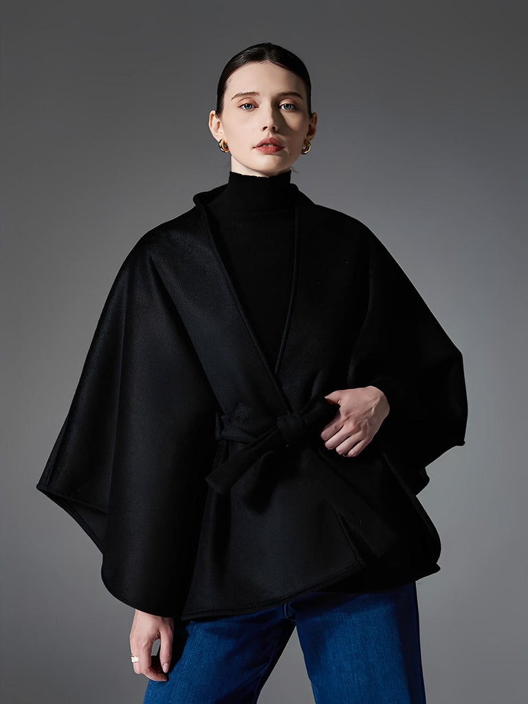 Châle noir, cape double face, châle ceinturé femme, poncho chaud hiver, manteau ample élégant, cape noire laine, châle automne hiver, modèle Sorane - Châle - Noir