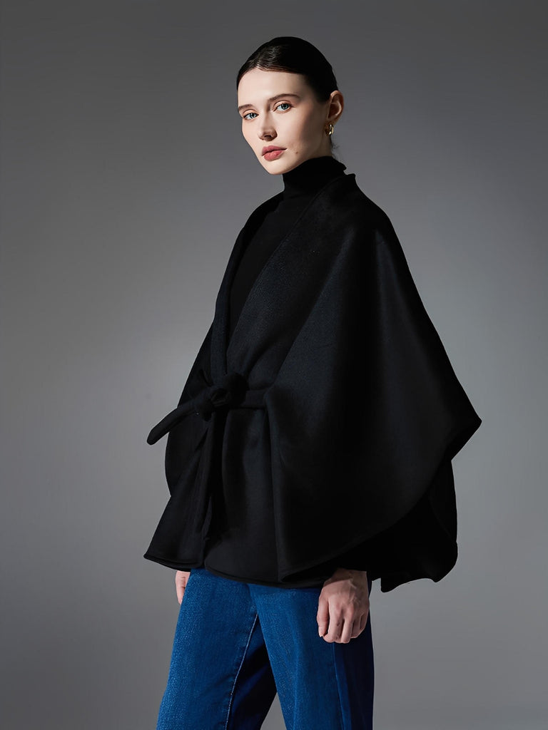 Châle noir, cape double face, châle ceinturé femme, poncho chaud hiver, manteau ample élégant, cape noire laine, châle automne hiver, modèle Sorane - Châle - Noir