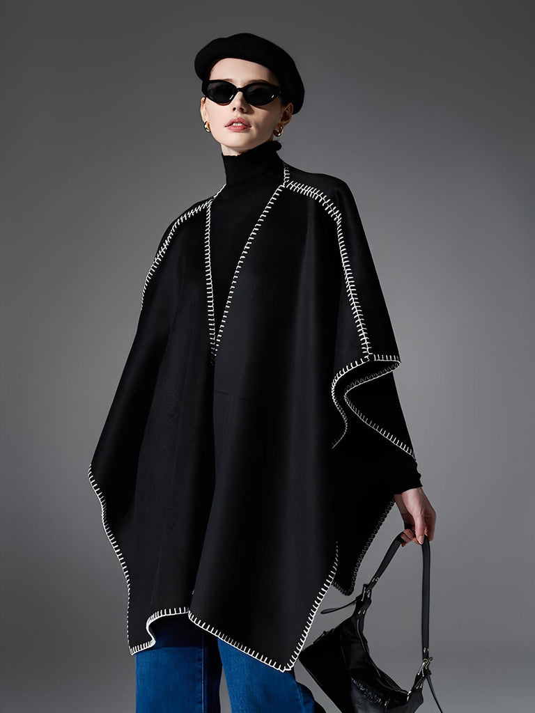 Châle noir double - face, couture contrastée blanche, doux et chaud, style moderne, grande taille, cape d’hiver, modèle Ortile - Châle - Noir
