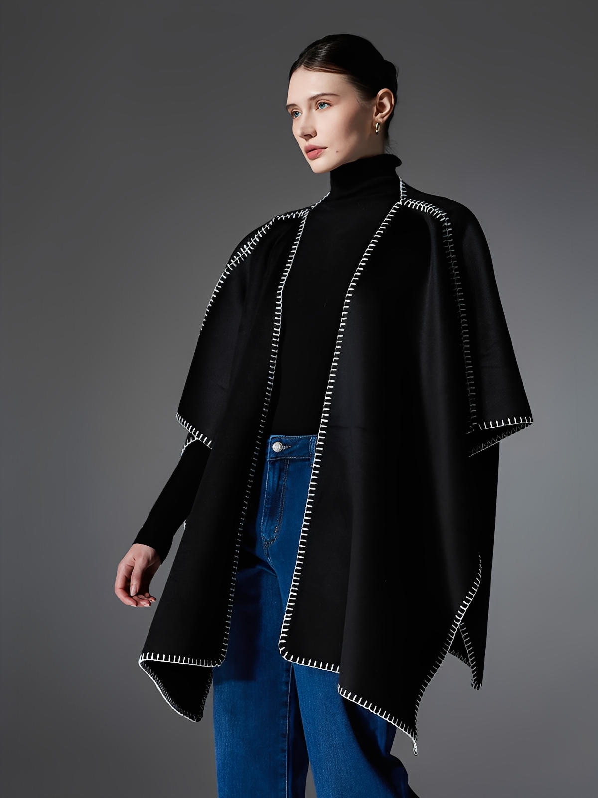Châle noir double - face, couture contrastée blanche, doux et chaud, style moderne, grande taille, cape d’hiver, modèle Ortile - Châle - Noir