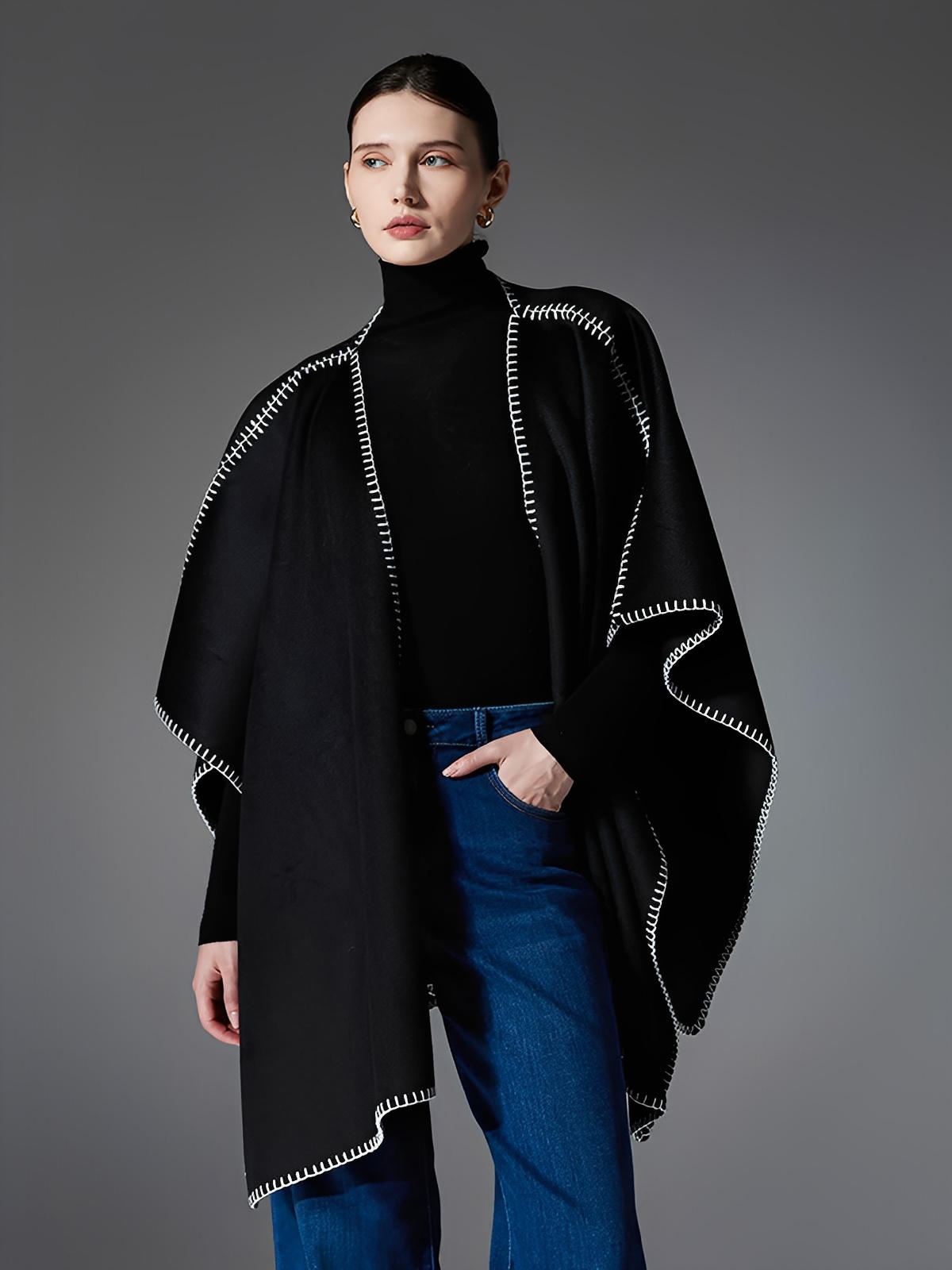 Châle noir double - face, couture contrastée blanche, doux et chaud, style moderne, grande taille, cape d’hiver, modèle Ortile - Châle - Noir