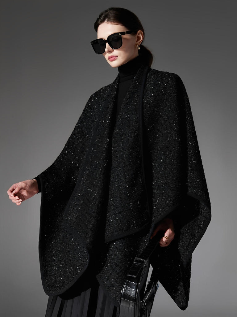Châle noir scintillant, laine et fibres douces, grand format chaud, style raffiné, cape enveloppante femme, hiver, confort, brillance discrète, modèle Arménia