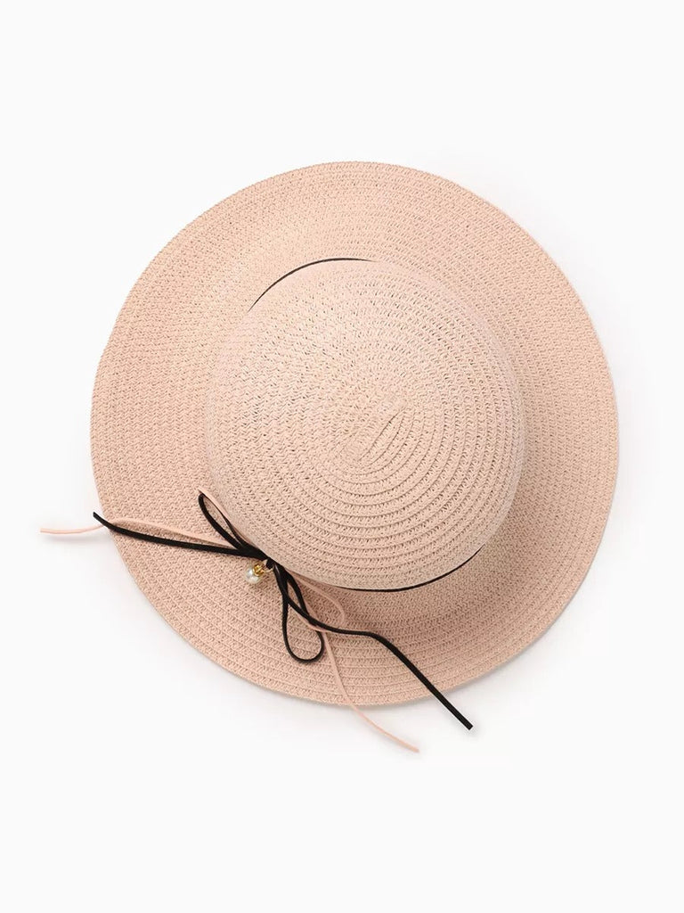 Chapeau de paille femme, large bord, protection solaire, ruban et perle décoratif, idéal pour été et plage, modèle Morgane - Chapeau de paille - Rose
