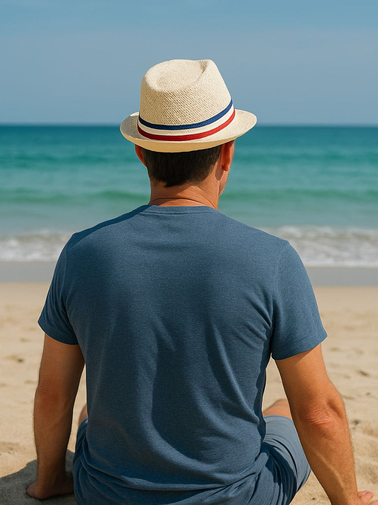 Chapeau de paille trilby, homme, à court bord, respirant, vintage, style panama, bande tricolore française, modèle Lucas - Chapeau de paille - Beige