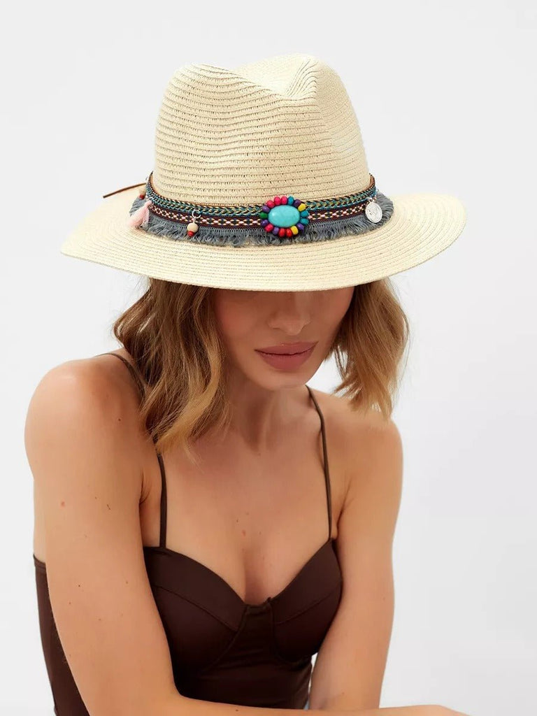 Chapeau de paille western pour femme, cowboy, plage bohème, été large bord, pierres naturelles, modèle Hermione - Chapeau de paille - Beige