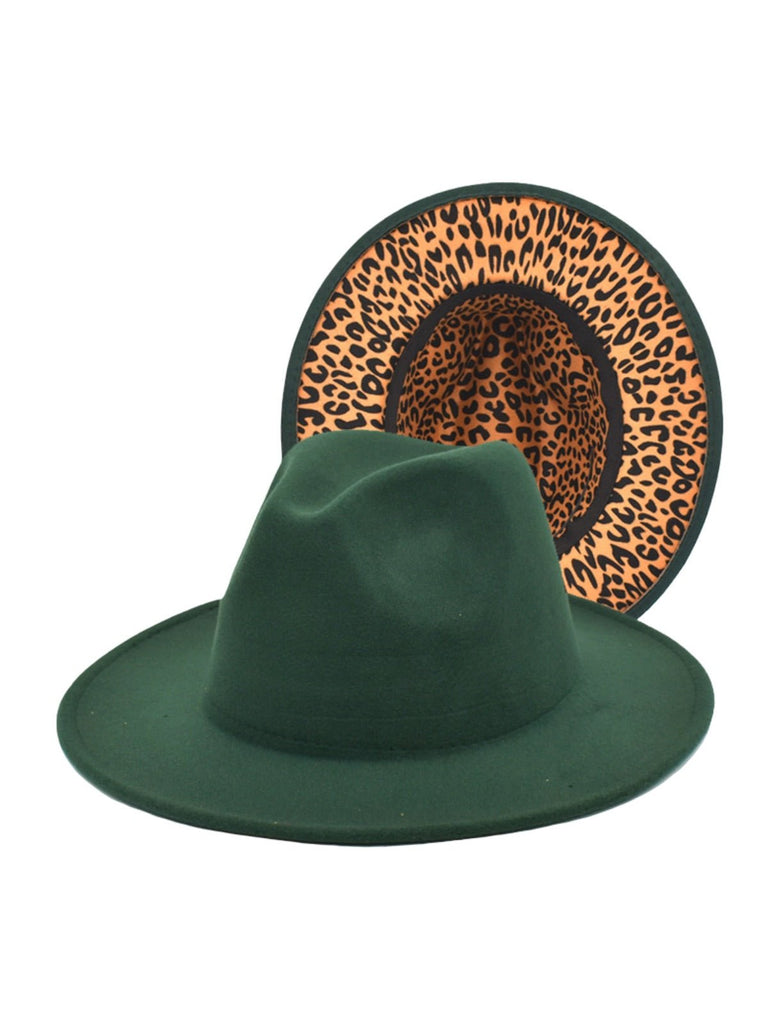 Chapeau fedora feutre femme, fedora léopard intérieur, chapeau large bord automne hiver, feutre rigide imprimé animal, chapeau tendance urbain, modèle Felindrae - Chapeau de paille - Vert