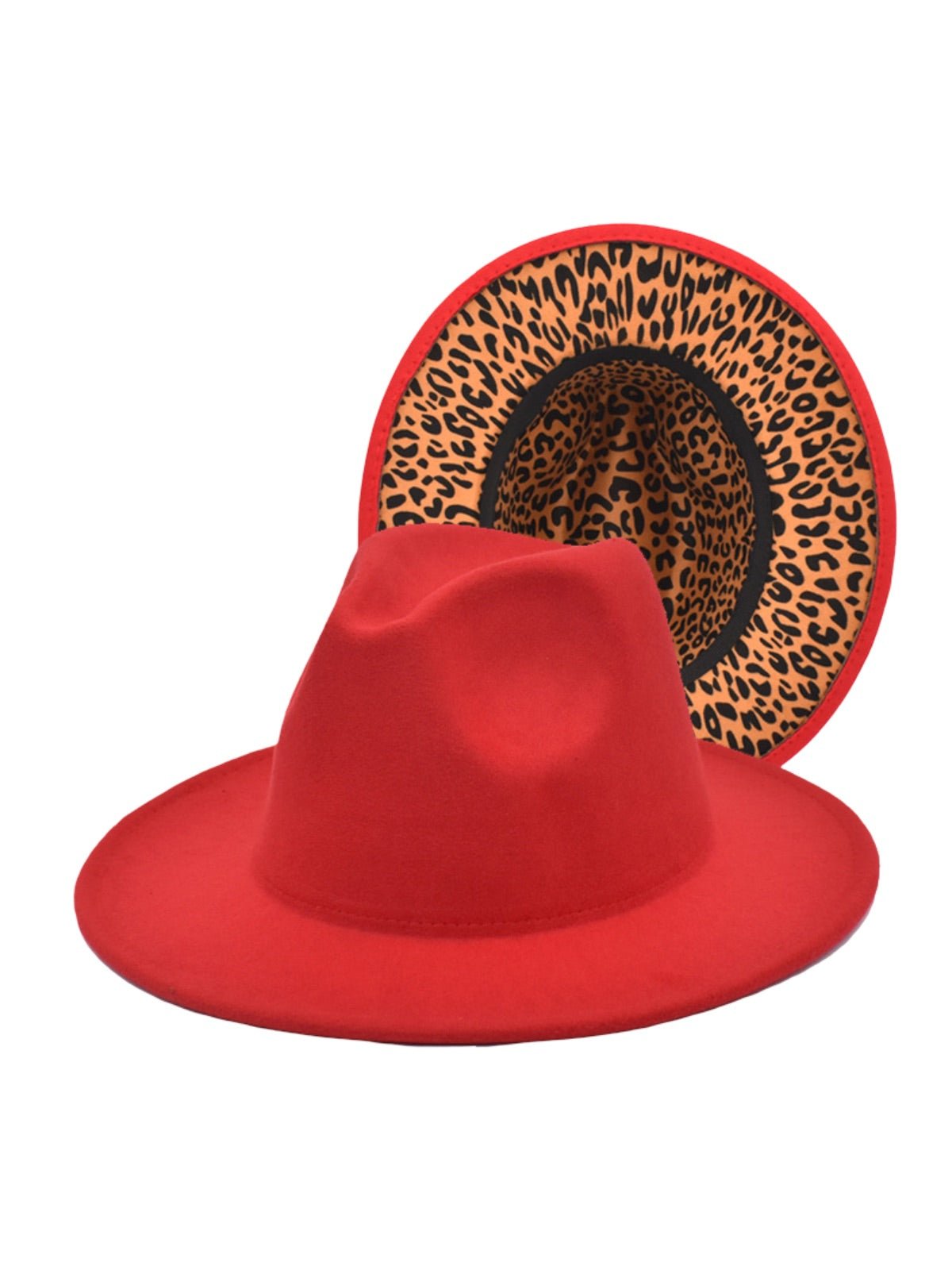 Chapeau fedora feutre femme, fedora léopard intérieur, chapeau large bord automne hiver, feutre rigide imprimé animal, chapeau tendance urbain, modèle Felindrae - Chapeau de paille - Rouge