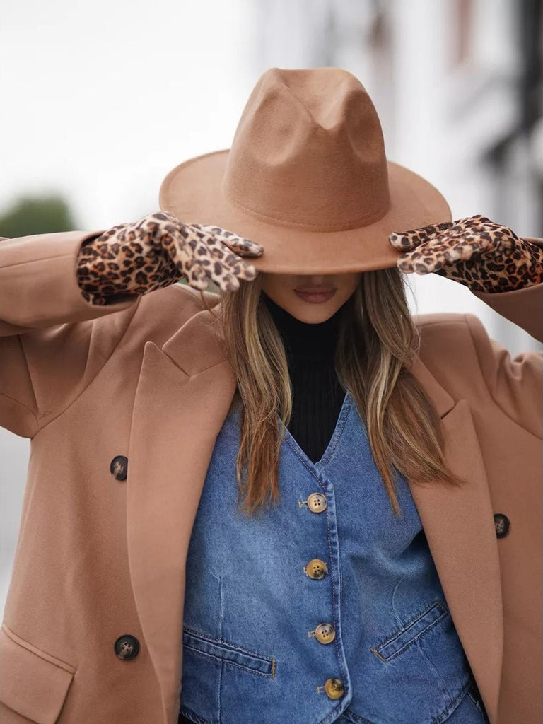 Chapeau fedora feutre femme, fedora léopard intérieur, chapeau large bord automne hiver, feutre rigide imprimé animal, chapeau tendance urbain, modèle Felindrae - Chapeau de paille - Marron