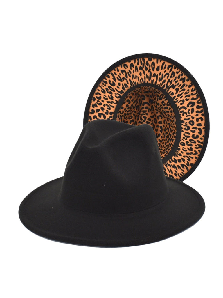Chapeau fedora feutre femme, fedora léopard intérieur, chapeau large bord automne hiver, feutre rigide imprimé animal, chapeau tendance urbain, modèle Felindrae - Chapeau de paille - Noir