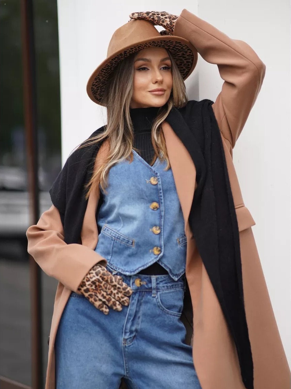 Chapeau fedora feutre femme, fedora léopard intérieur, chapeau large bord automne hiver, feutre rigide imprimé animal, chapeau tendance urbain, modèle Felindrae - Chapeau de paille - Marron