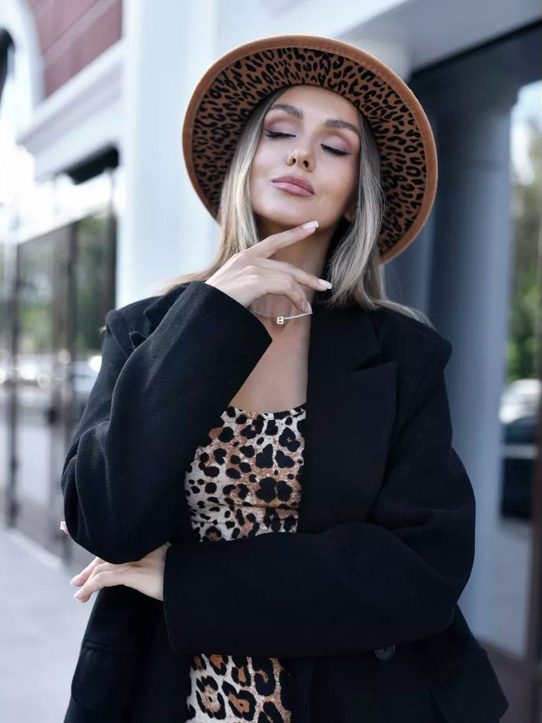 Chapeau fedora feutre femme, fedora léopard intérieur, chapeau large bord automne hiver, feutre rigide imprimé animal, chapeau tendance urbain, modèle Felindrae - Chapeau de paille - Marron