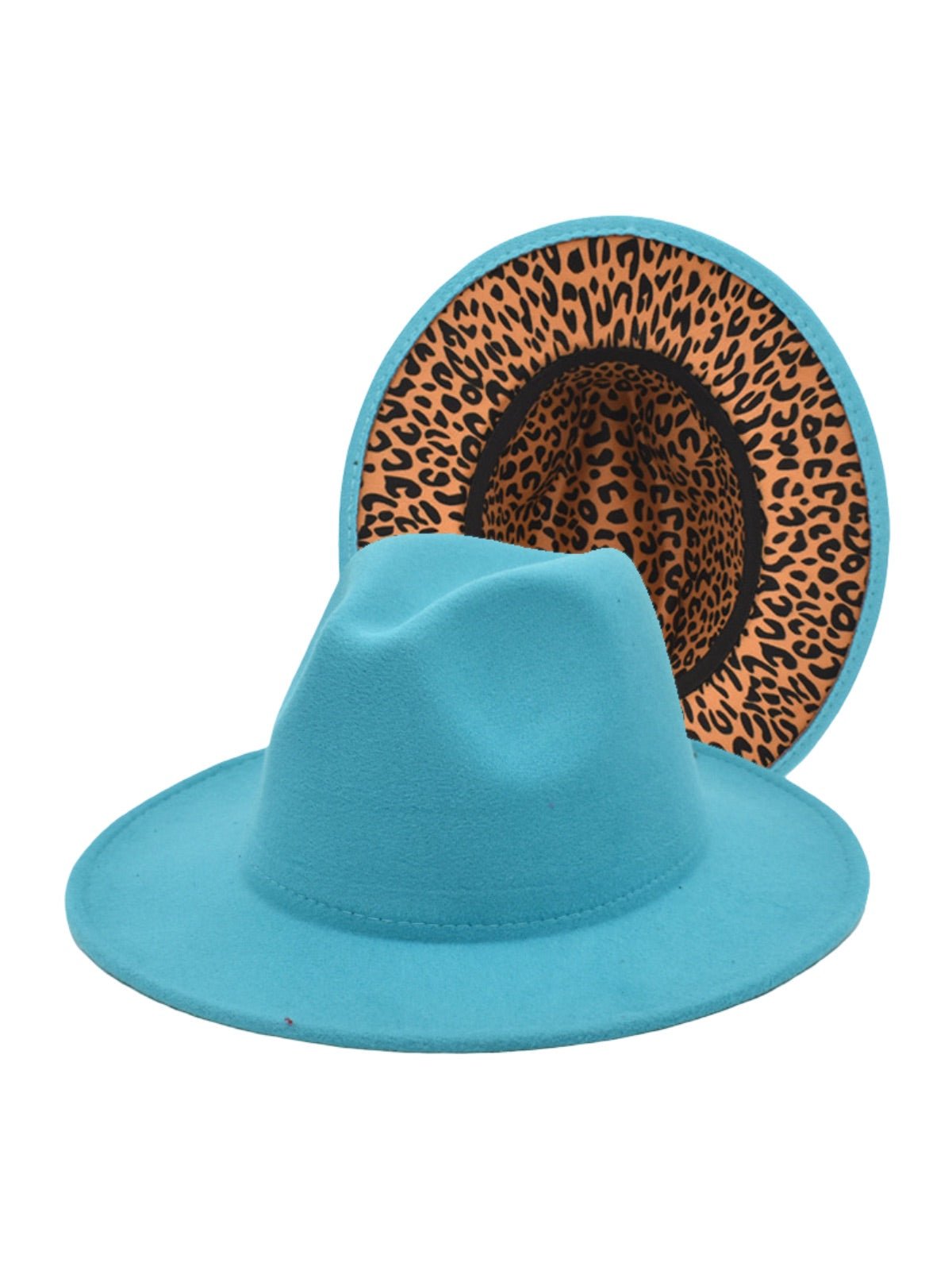 Chapeau fedora feutre femme, fedora léopard intérieur, chapeau large bord automne hiver, feutre rigide imprimé animal, chapeau tendance urbain, modèle Felindrae - Chapeau de paille - Bleu clair