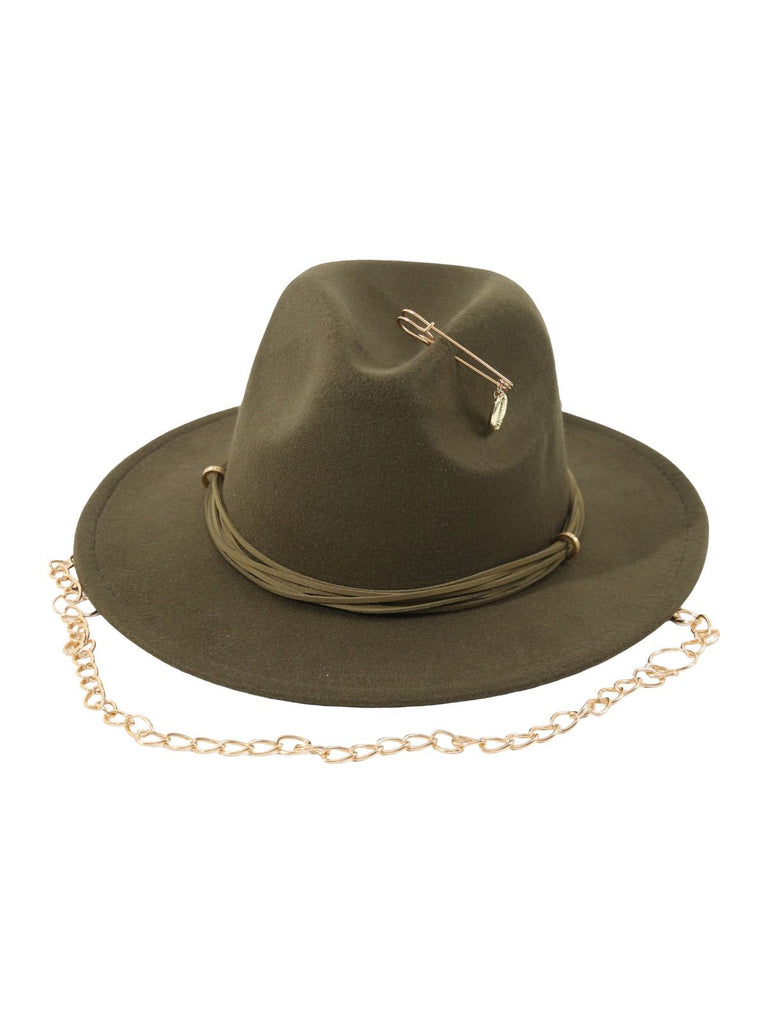 Chapeau feutre femme, chapeau large bord, accessoire mode automne, feutre doux confortable, avec bijou broche doré, modèle Murize - Chapeau de paille - Kaki