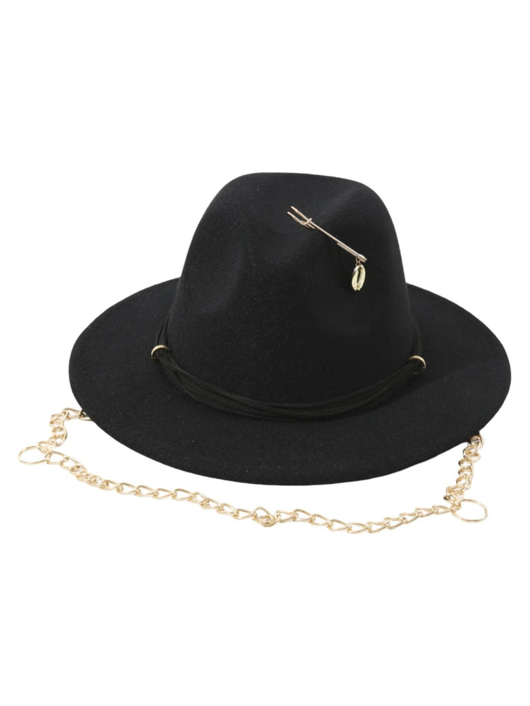 Chapeau feutre femme, chapeau large bord, accessoire mode automne, feutre doux confortable, avec bijou broche doré, modèle Murize - Chapeau de paille - Noir