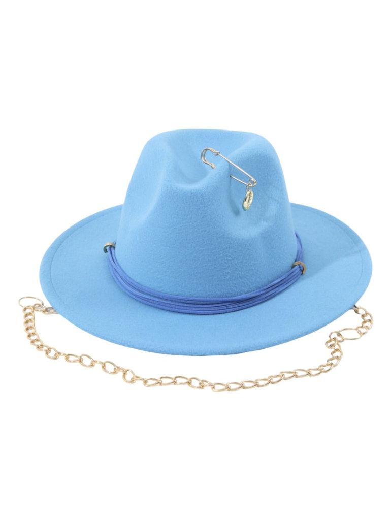 Chapeau feutre femme, chapeau large bord, accessoire mode automne, feutre doux confortable, avec bijou broche doré, modèle Murize - Chapeau de paille - Bleu