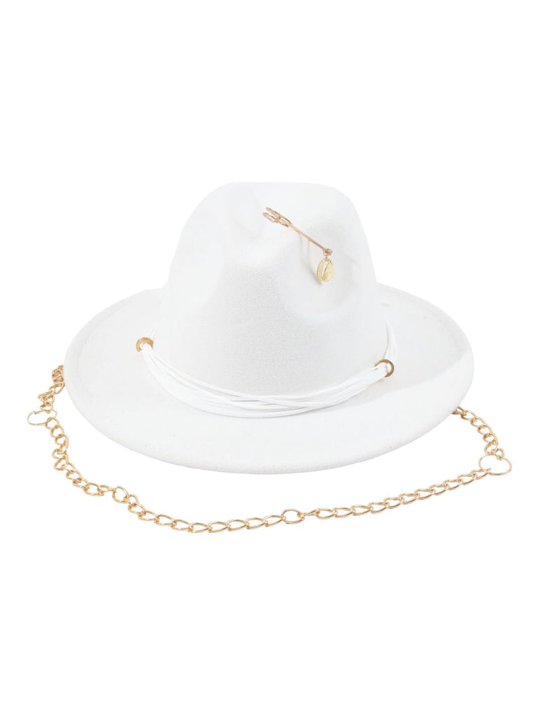 Chapeau feutre femme, chapeau large bord, accessoire mode automne, feutre doux confortable, avec bijou broche doré, modèle Murize - Chapeau de paille - Blanc
