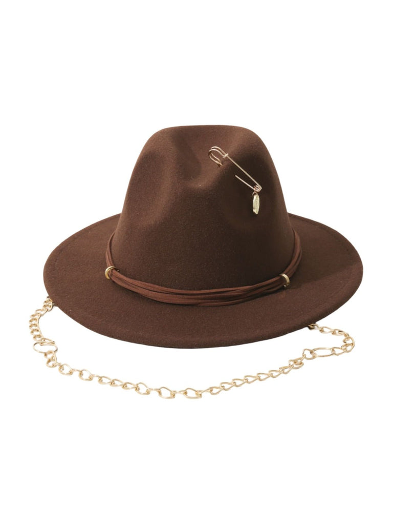 Chapeau feutre femme, chapeau large bord, accessoire mode automne, feutre doux confortable, avec bijou broche doré, modèle Murize - Chapeau de paille - Marron