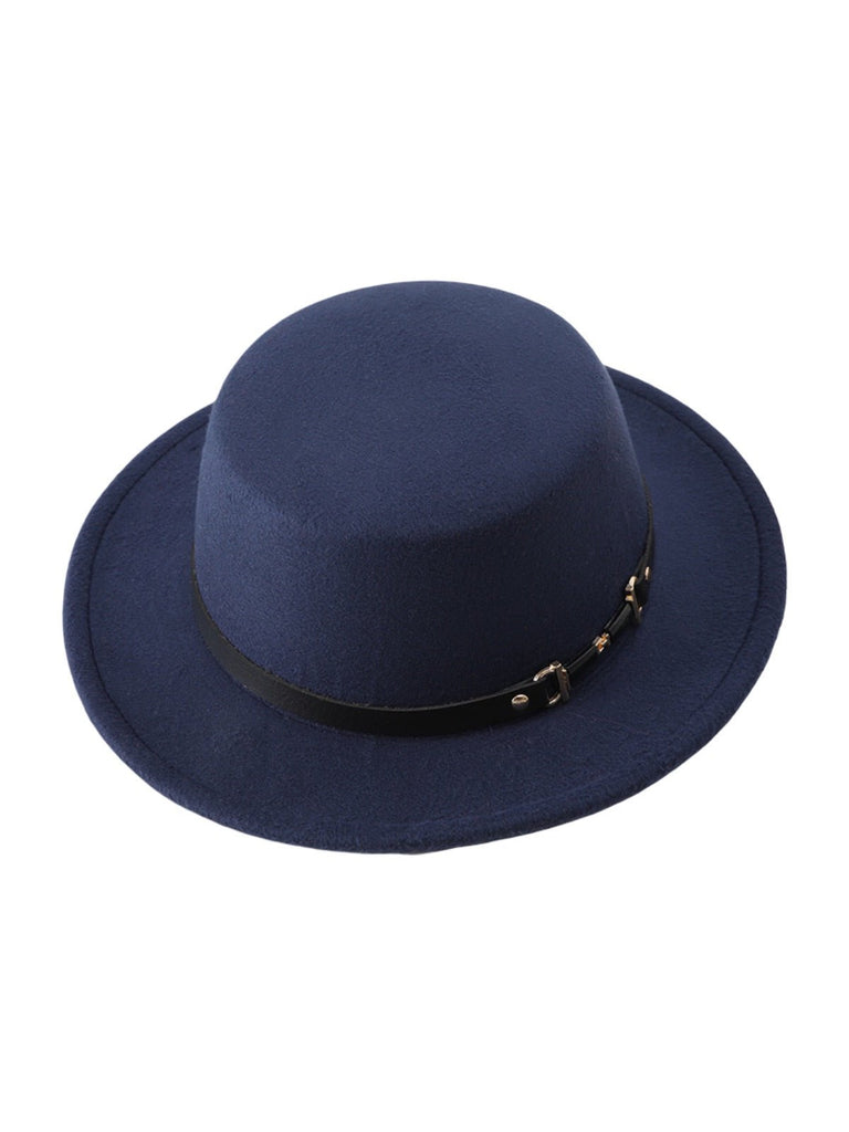 Chapeau feutre femme, rétro, accessoire mode automne hiver, couvre - chef plat à bord court, style vintage à ruban, modèle Ogana - Chapeau de paille - Bleu marine