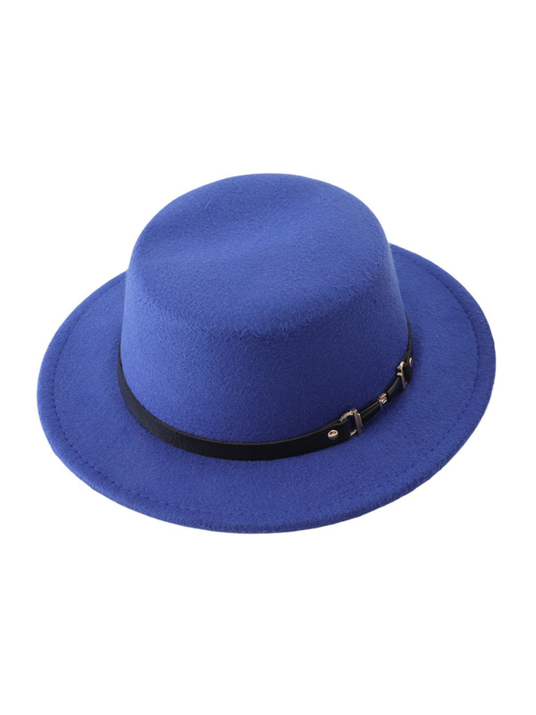 Chapeau feutre femme, rétro, accessoire mode automne hiver, couvre - chef plat à bord court, style vintage à ruban, modèle Ogana - Chapeau de paille - Bleu
