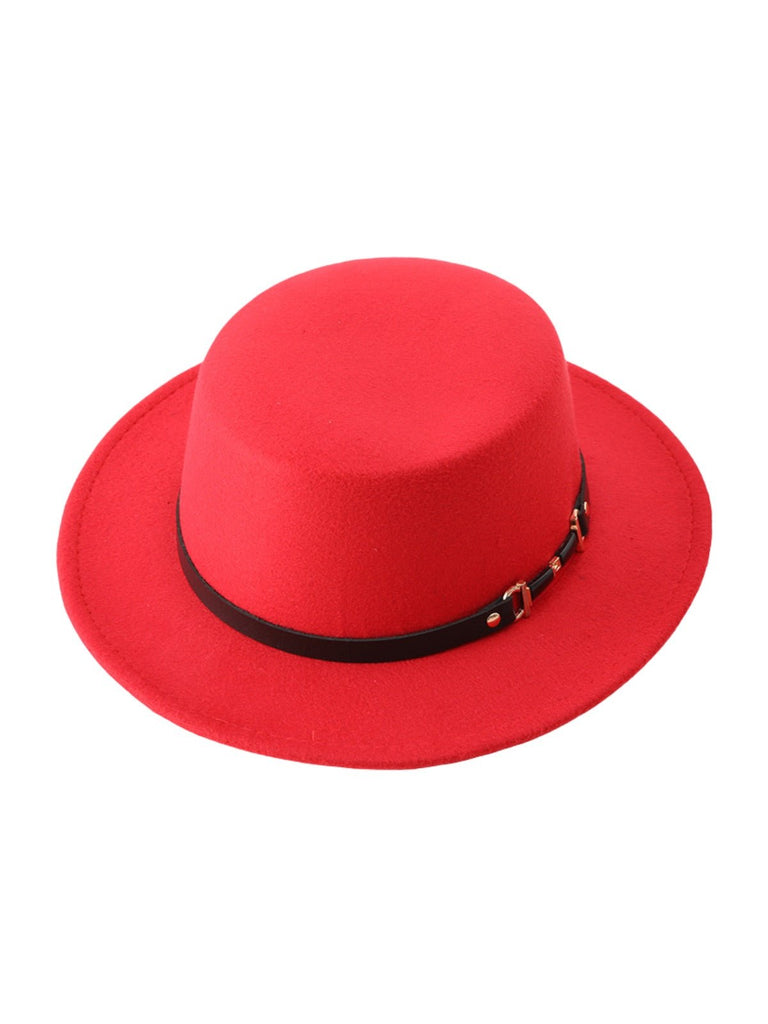 Chapeau feutre femme, rétro, accessoire mode automne hiver, couvre - chef plat à bord court, style vintage à ruban, modèle Ogana - Chapeau de paille - Rouge