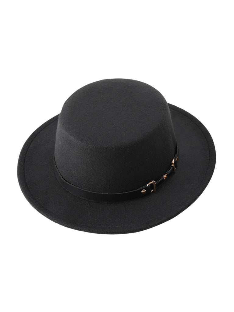Chapeau feutre femme, rétro, accessoire mode automne hiver, couvre - chef plat à bord court, style vintage à ruban, modèle Ogana - Chapeau de paille - Noir