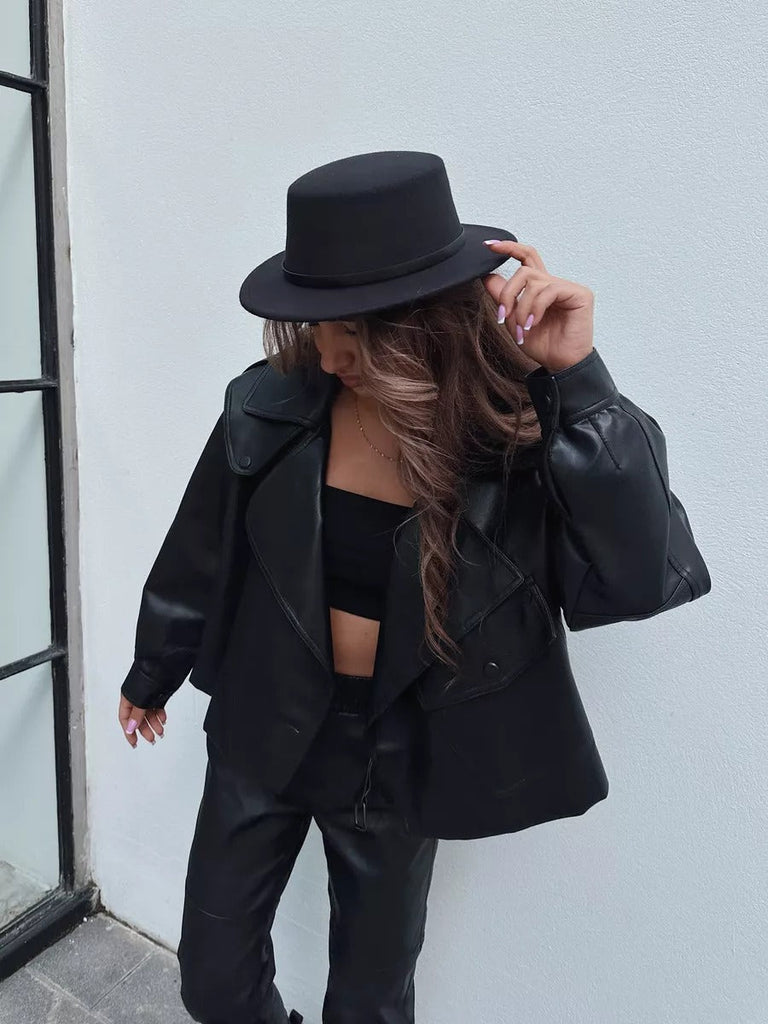 Chapeau feutre femme, rétro, accessoire mode automne hiver, couvre - chef plat à bord court, style vintage à ruban, modèle Ogana - Chapeau de paille - Noir