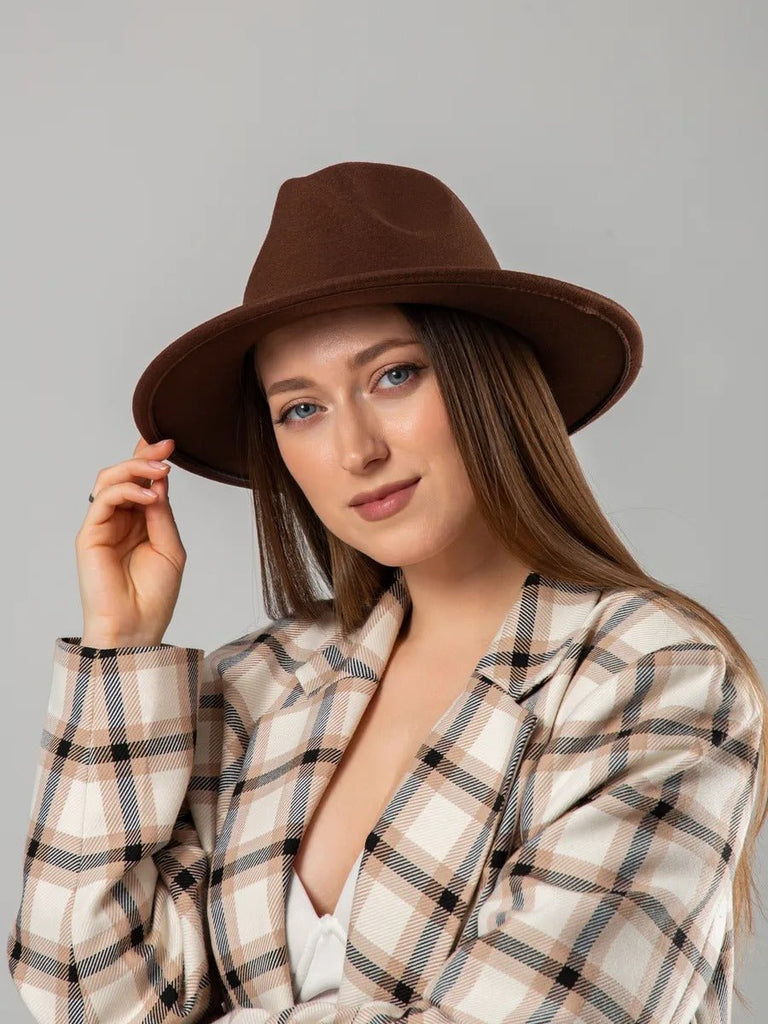 Chapeau feutre unisexe, fedora large bord, réglable bande intérieure, protection solaire UPF50+, feutre léger sans doublure, style urbain chic, modèle Nirma - Chapeau de paille - Marron