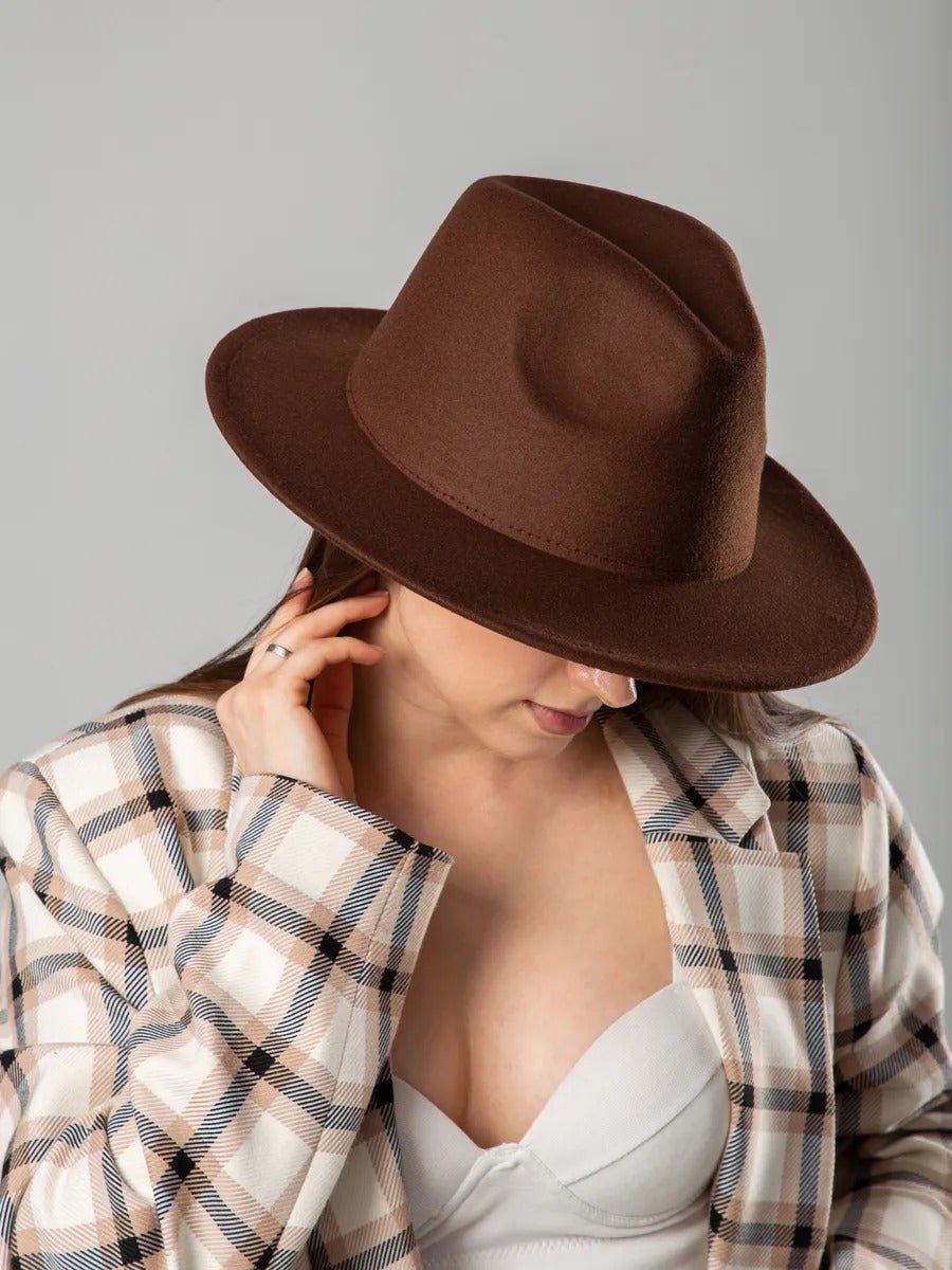 Chapeau feutre unisexe, fedora large bord, réglable bande intérieure, protection solaire UPF50+, feutre léger sans doublure, style urbain chic, modèle Nirma - Chapeau de paille - Marron