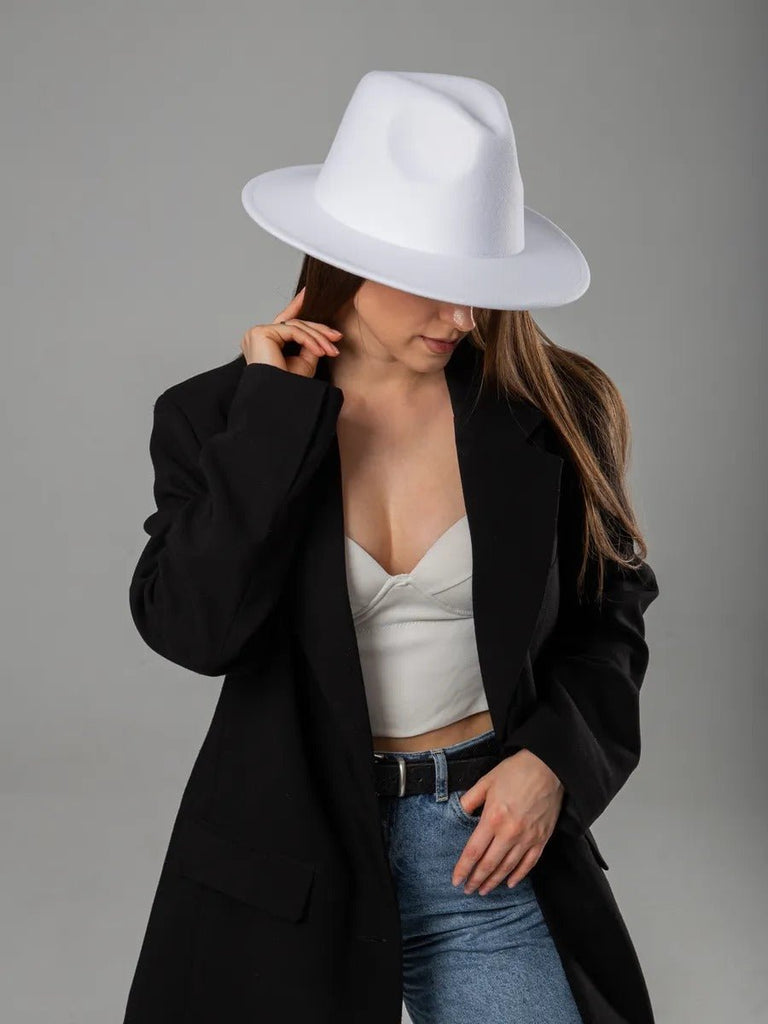 Chapeau feutre unisexe, fedora large bord, réglable bande intérieure, protection solaire UPF50+, feutre léger sans doublure, style urbain chic, modèle Nirma - Chapeau de paille - Blanc