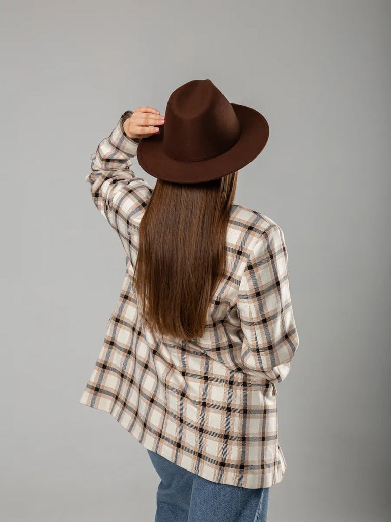 Chapeau feutre unisexe, fedora large bord, réglable bande intérieure, protection solaire UPF50+, feutre léger sans doublure, style urbain chic, modèle Nirma - Chapeau de paille - Marron