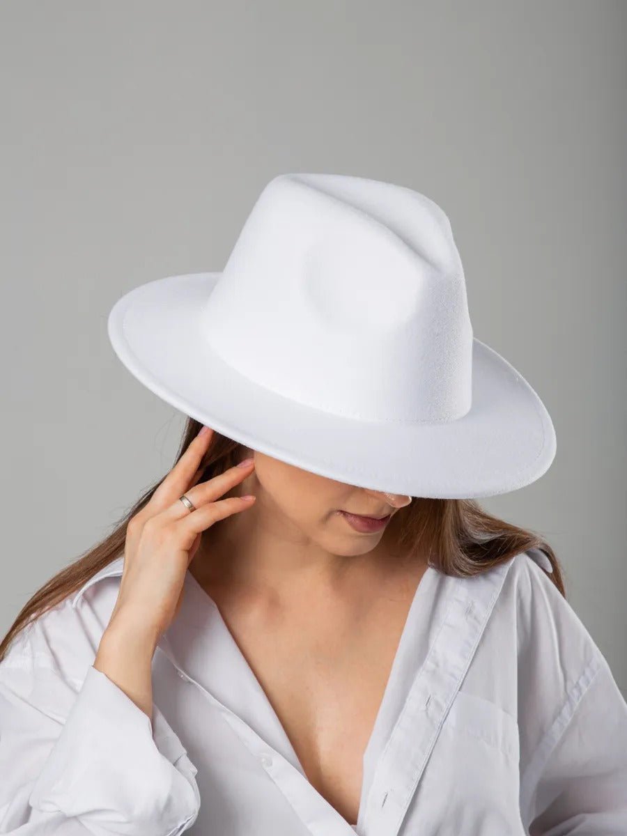 Chapeau feutre unisexe, fedora large bord, réglable bande intérieure, protection solaire UPF50+, feutre léger sans doublure, style urbain chic, modèle Nirma - Chapeau de paille - Blanc