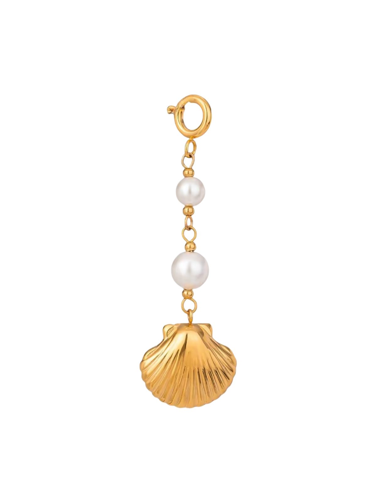Charm coquillage doré, perles blanches, pendentif bikini, acier inoxydable waterproof, hypoallergénique, modèle Béline - charms - 