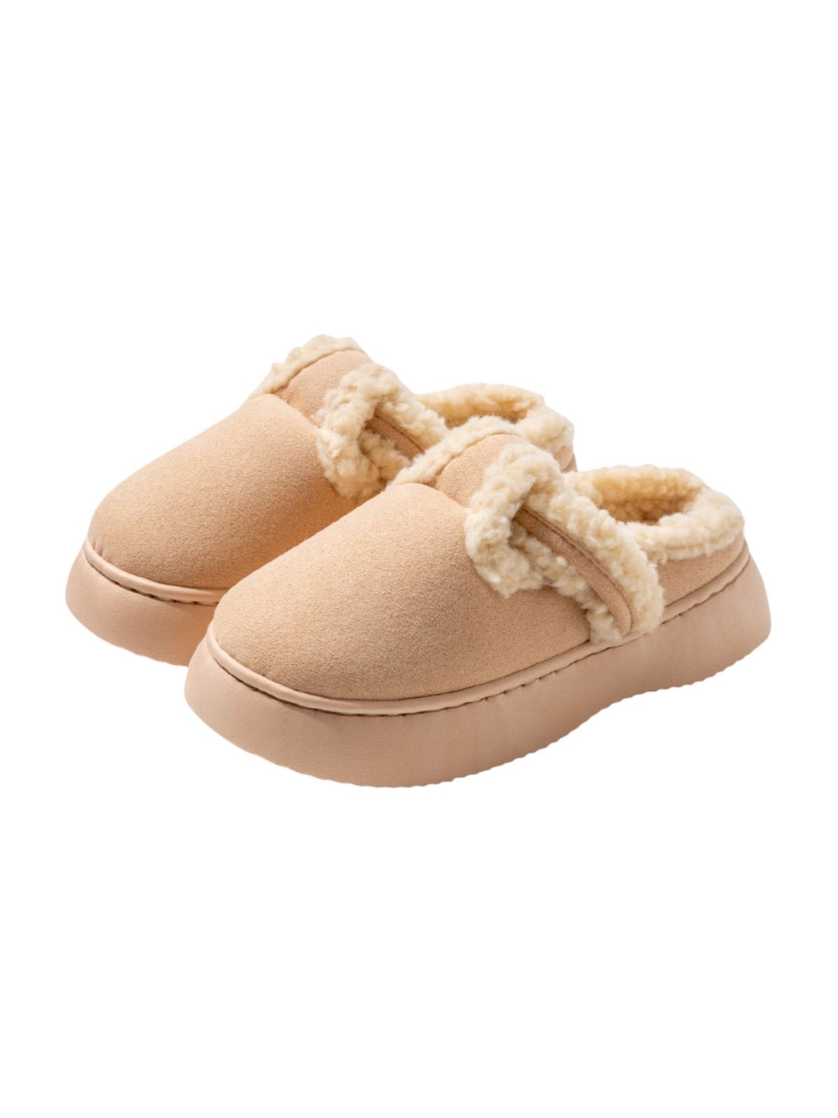 Chaussons d’hiver fourrés, mules chaudes femme, pantoufles intérieures confortables, semelle antidérapante, doublure peluche douce, style moderne, modèle Sicka - Chaussons - Beige XXS
