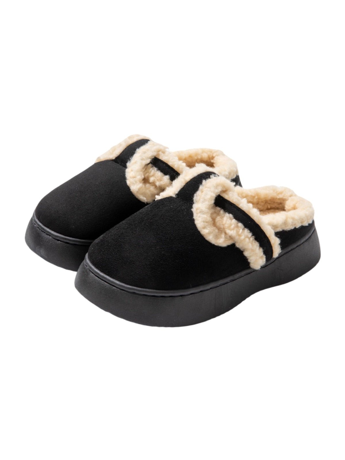 Chaussons d’hiver fourrés, mules chaudes femme, pantoufles intérieures confortables, semelle antidérapante, doublure peluche douce, style moderne, modèle Sicka - Chaussons - Noir XXS