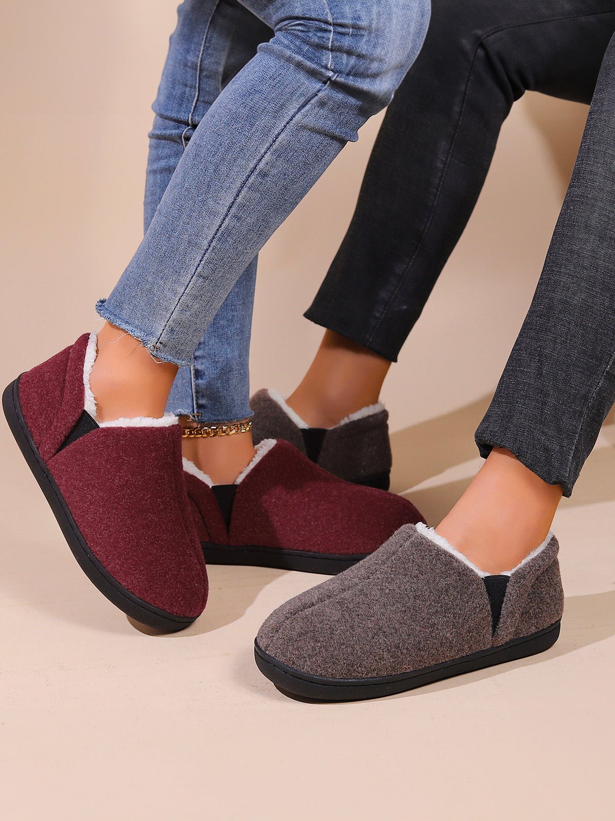Chaussons d’hiver unisexes, intérieur chaud coton, semelle antidérapante TPR, confort maison, chaussons cocooning, pantoufles molletonnées, modèle Timen - Chaussons - Bordeaux XXS