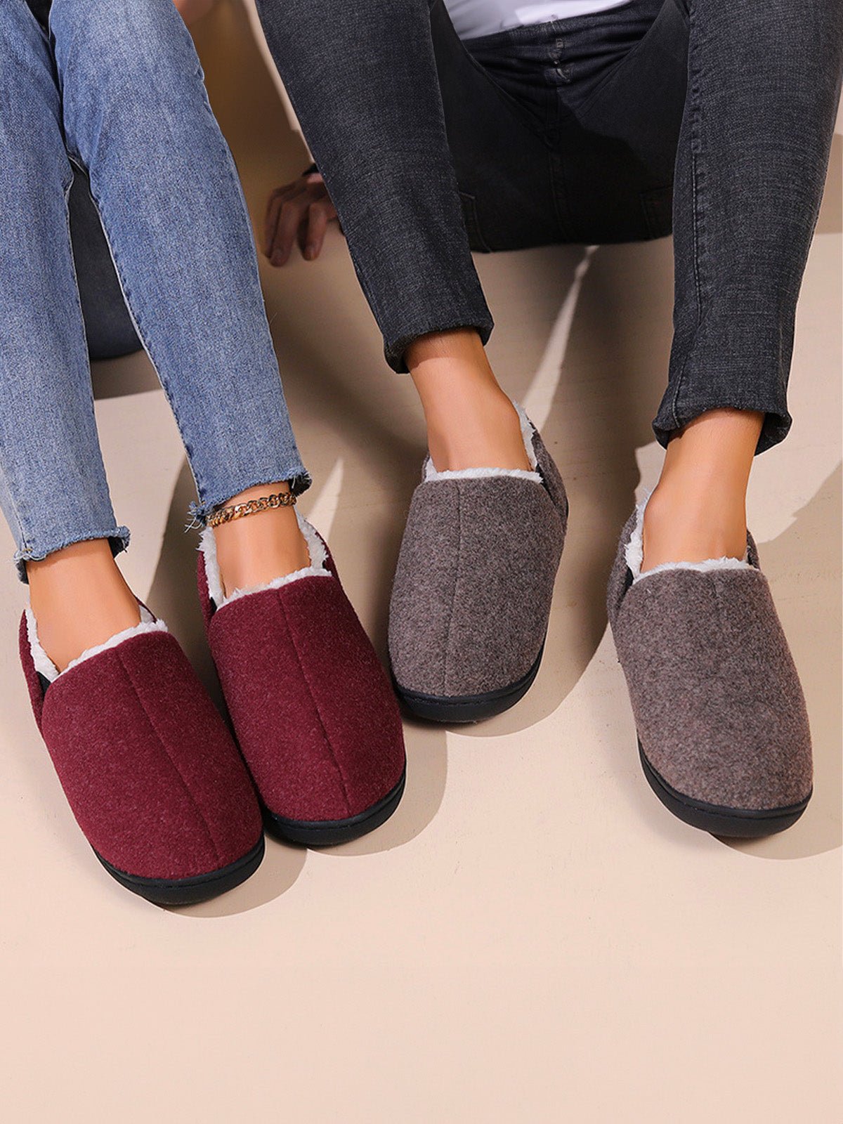 Chaussons d’hiver unisexes, intérieur chaud coton, semelle antidérapante TPR, confort maison, chaussons cocooning, pantoufles molletonnées, modèle Timen - Chaussons - Bordeaux XXS