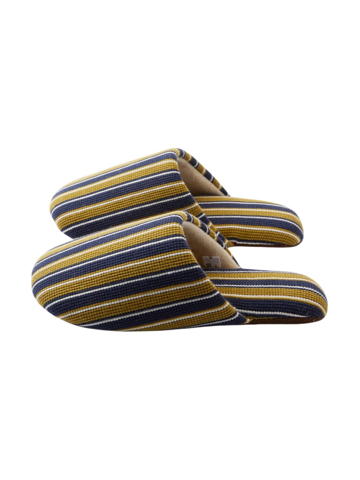 Chaussons d’intérieur rayés, chaussons coton confort, chaussons unisexe hiver, chaussons antidérapants maison, chaussons doublés chauds, modèle Triny - Chaussons - Jaune et bleu XXS