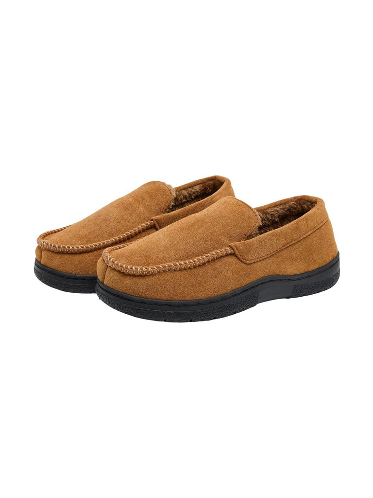 Chaussons homme hiver, mocassins d’intérieur chaud, pantoufles fourrées antidérapantes, chaussons confort maison, chaussures cocooning, modèle Ekrem - Chaussons - Camel L