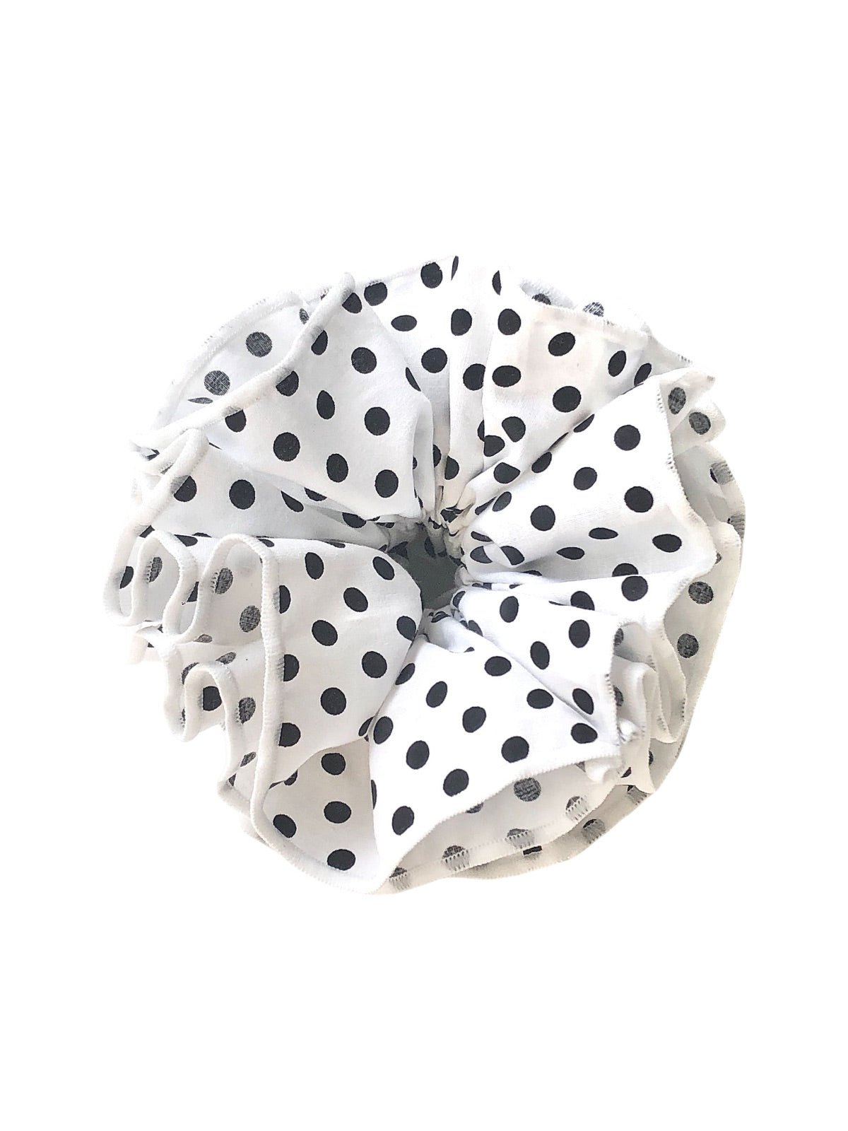 Chouchou à pois, tissu polyester doux, grand format volumineux, finition surpiquée, accessoire cheveux femme, style doux et féminin, modèle Yirsy - Chouchou - Blanc et noir