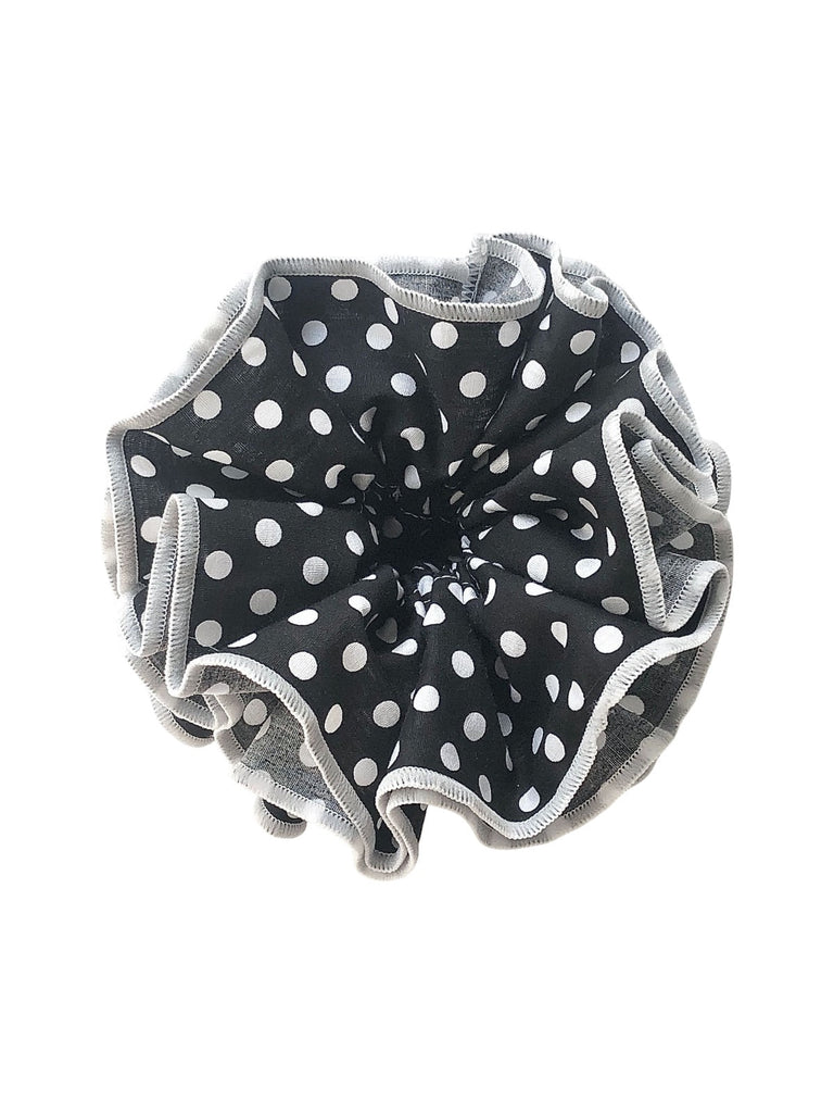 Chouchou à pois, tissu polyester doux, grand format volumineux, finition surpiquée, accessoire cheveux femme, style doux et féminin, modèle Yirsy - Chouchou - Noir et blanc