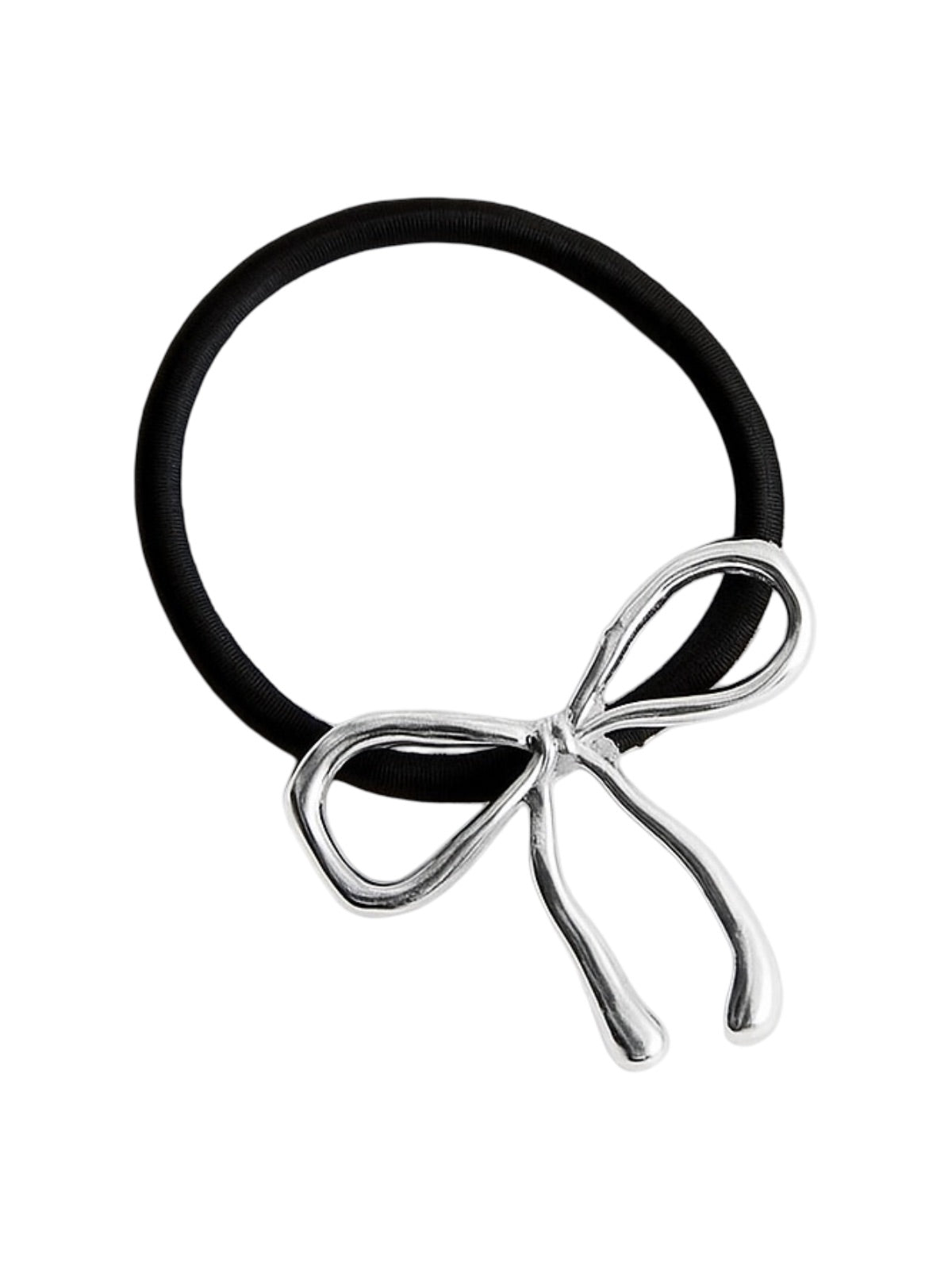Chouchou cheveux ruban métal, élastique noir, nœud doré ou argenté, accessoire de coiffure féminin, queue de cheval chic, style moderne, modèle Svarina - Chouchou - Argent