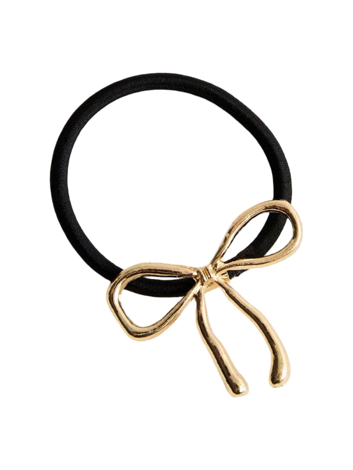 Chouchou cheveux ruban métal, élastique noir, nœud doré ou argenté, accessoire de coiffure féminin, queue de cheval chic, style moderne, modèle Svarina - Chouchou - Or