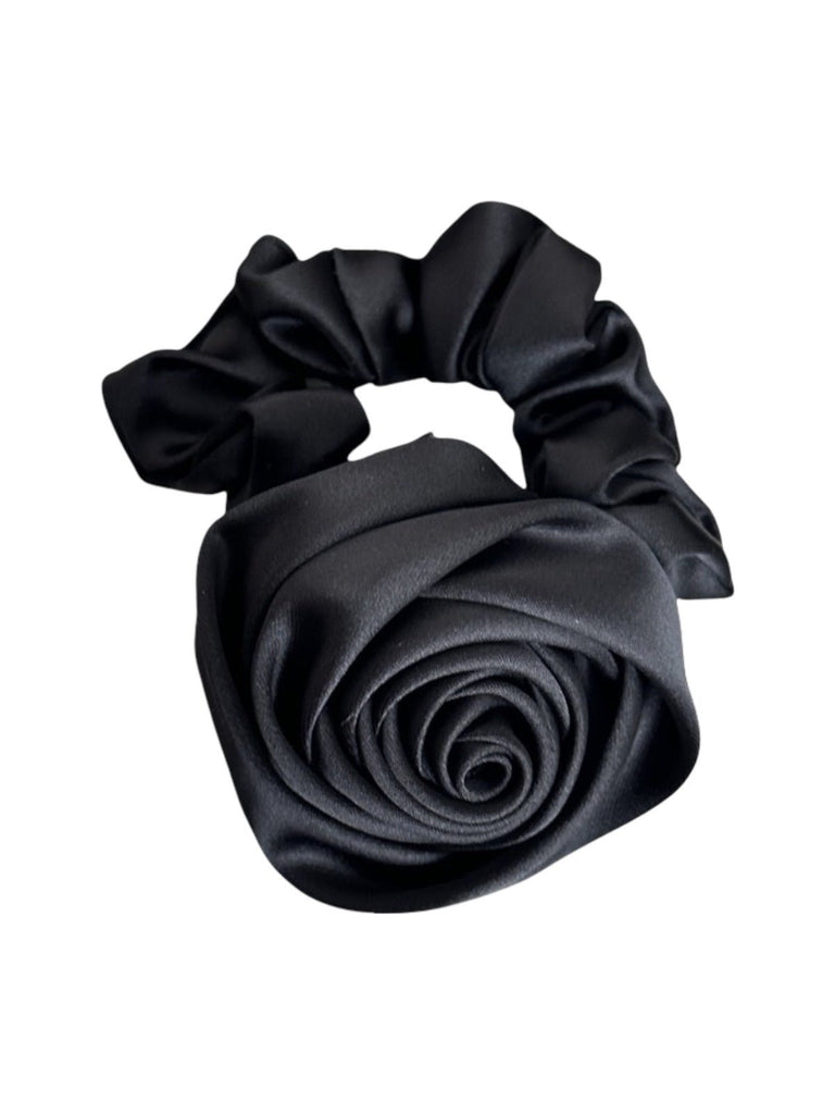 Chouchou fleur en satin, chouchou volumineux, chouchou cheveux floral femme, accessoire coiffure raffiné, modèle Tenyse - Chouchou - Noir
