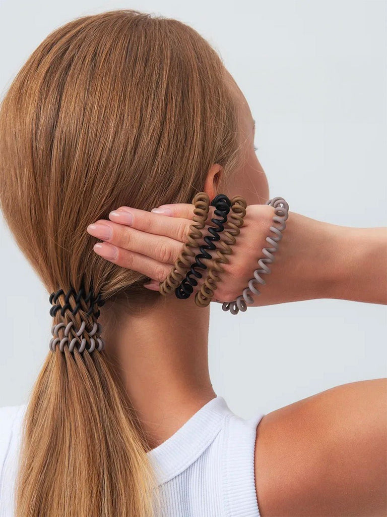 Chouchou spirale silicone, élastiques cheveux résistants, lot de 6, noir, gris, brun, antiglisse, sans trace, modèle Spirou - Chouchou - Noir / Brun / Gris