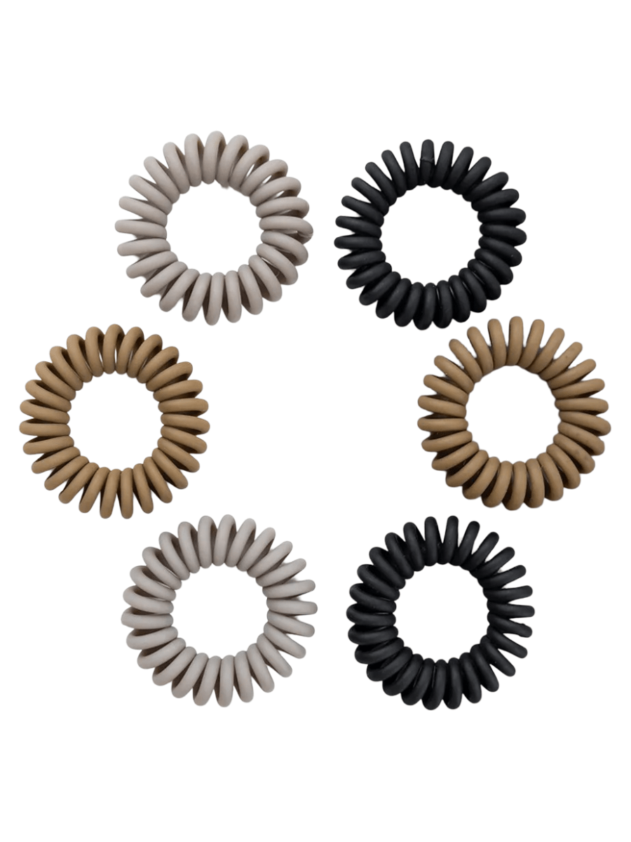 Chouchou spirale silicone, élastiques cheveux résistants, lot de 6, noir, gris, brun, antiglisse, sans trace, modèle Spirou - Chouchou - Noir / Brun / Gris