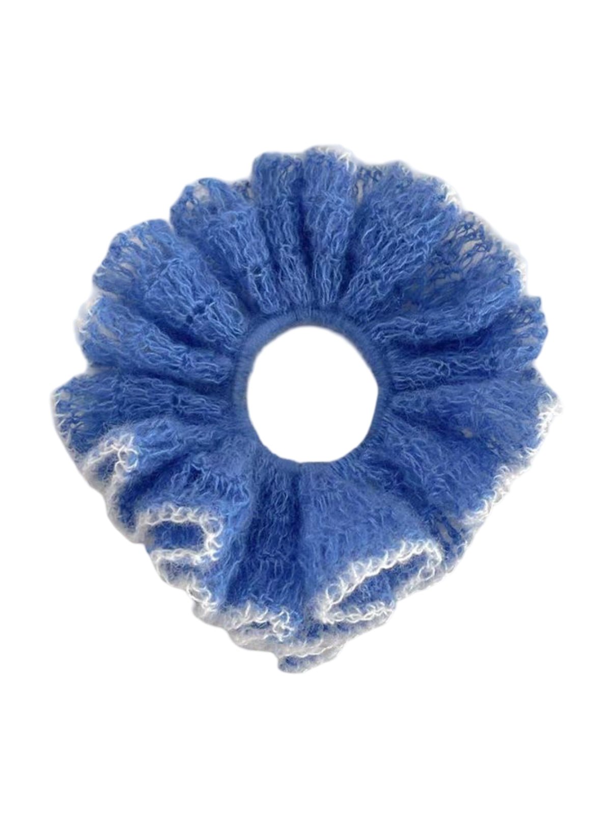 Chouchou volumineux bleu, maille mohair douce, bordure blanche, accessoire cheveux femme, style romantique, tenue basse, coiffure soignée, modèle Révine - Chouchou - Bleu