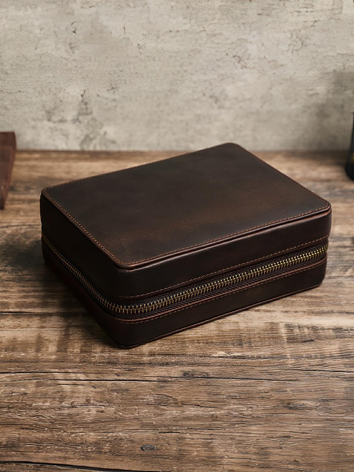 Coffret à montres, en cuir, porte carte intégré, modèle Maximian - Coffret - Café
