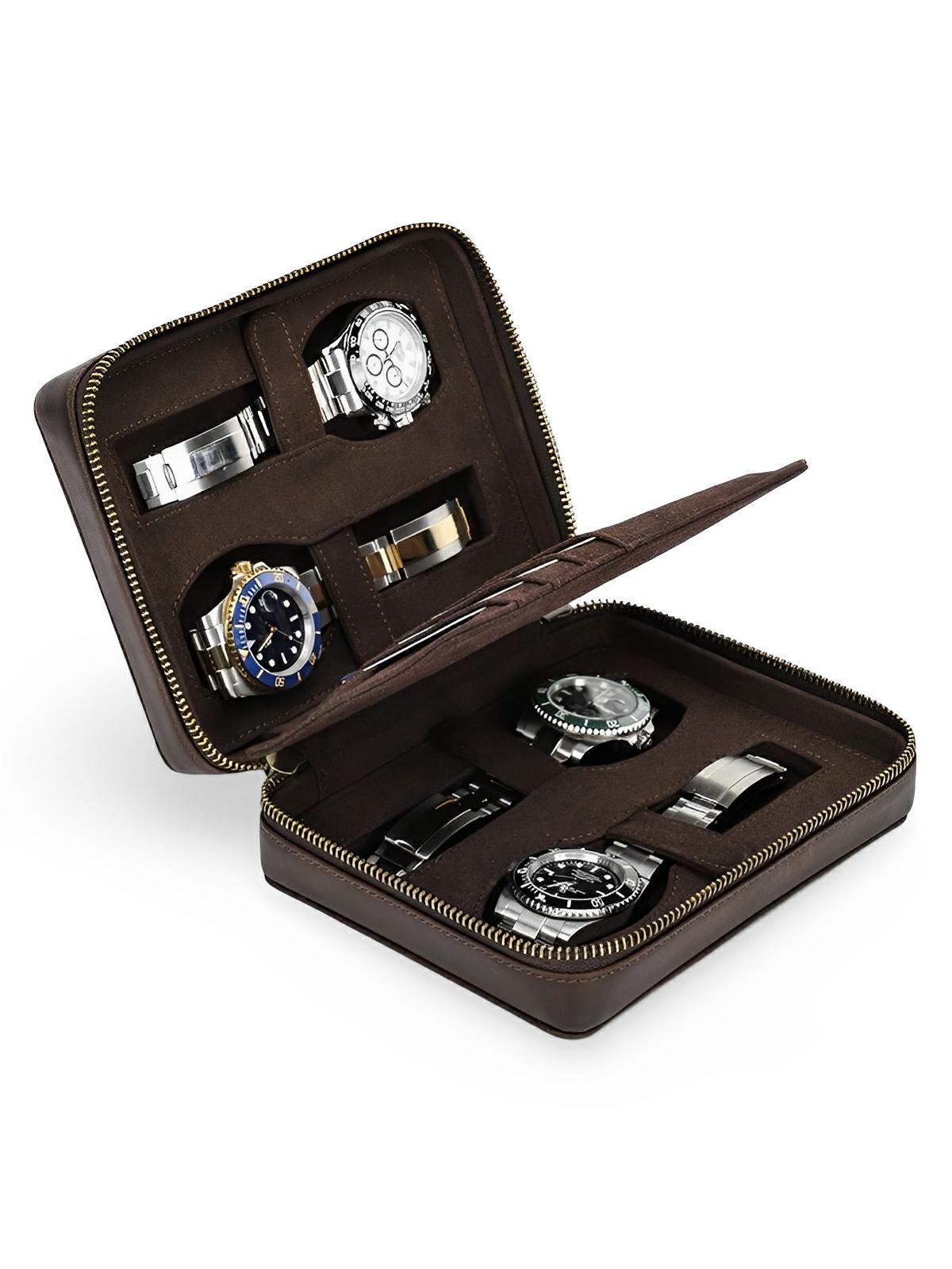 Coffret à montres, en cuir, porte carte intégré, modèle Maximian - Coffret - Café